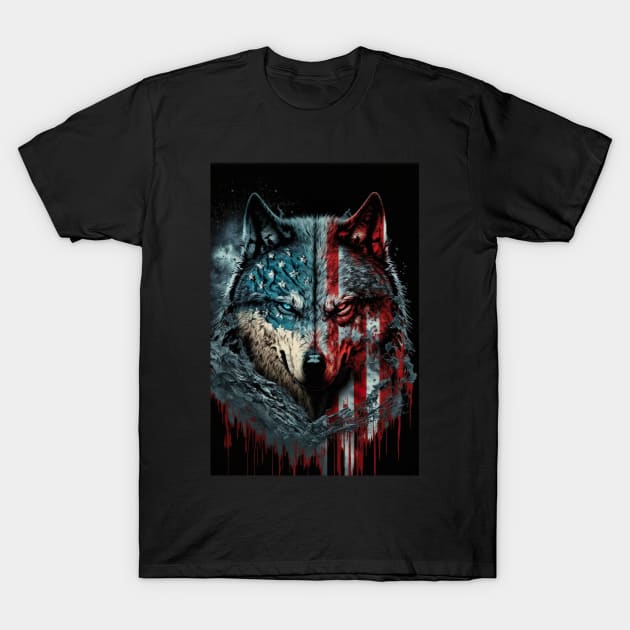 Handsome Wolf portrait with USA Flag T-Shirt by KoolArtDistrict